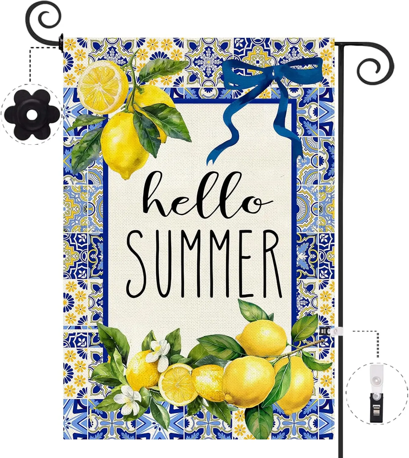 Baccessor Hello Summer Lemon Garden Flag 12.5x18 Inch Double Sided Burlap,Capri Blue Tiles Lemon Welcome Front Yard Flag Hol LLX