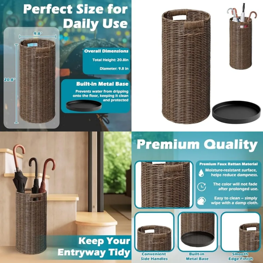

Rattan Umbrella Holder 21"H X 10"D, Handmade Wicker Umbrella Stand Indoor with Dip Tray, Sturdy Umbrella Holders for Entryway,