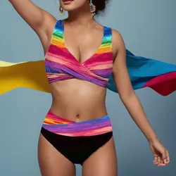 Roupa de banho sexy sem mangas feminina, maiôs de cintura alta, estampa arco-íris, biquíni triangular, moda praia verão, casual, feriado, 2 peças