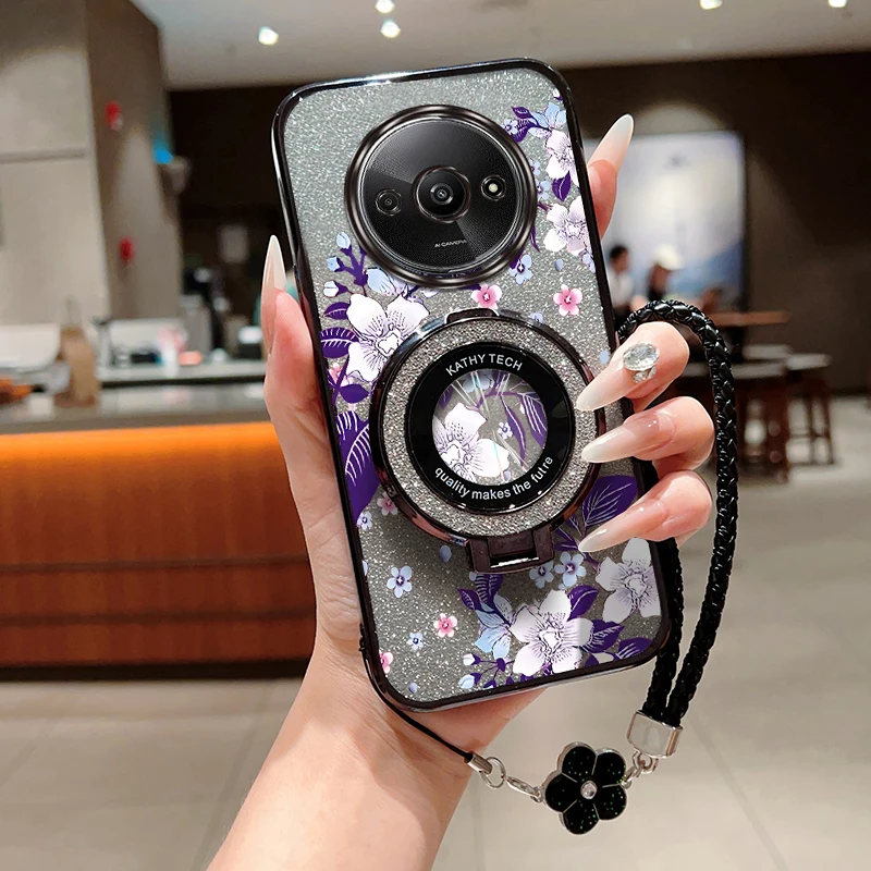 A3 Purple flowers Plating Bracelet Holder Phone Case For Xiaomi Redmi A3 9C A1 A1Plus 9 A3X 9i A4 A2 9AT 9A Turbo 3 4 Cover