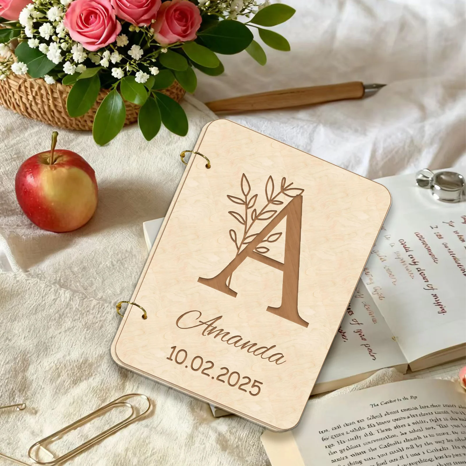 Personalized Floral Card Keeper Set - Wooden 6x8 inch with Initial/Name/Date, 26 Letters Laser Cut, Metal Rings Gift