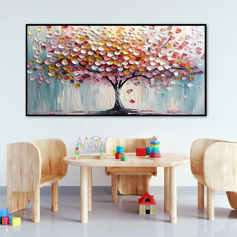 Original Hand-Painted Thick Paint Fortune Tree Wall Art, Multicolor Pastel Canvas, Neutral Scandinavian Horizontal Decor