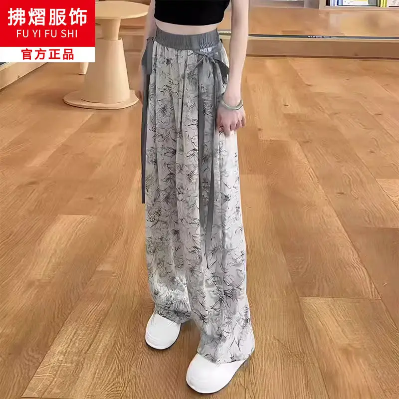 Pantaloni casual dritti larghi drappeggiati a vita alta sottili estivi da donna a gamba larga in chiffon con fiori d'inchiostro