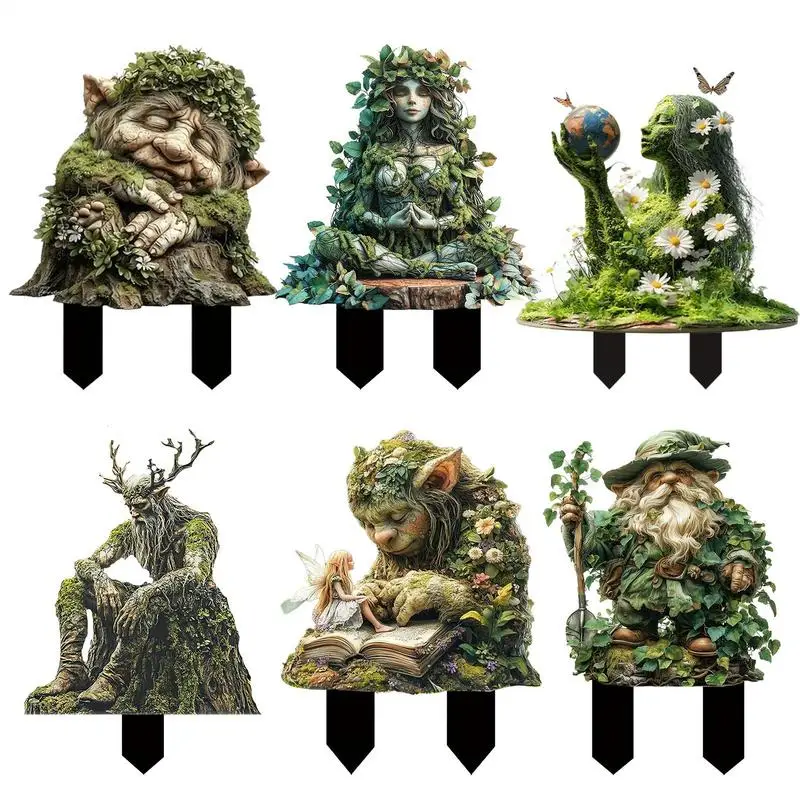 Fairy Garden Stake Tree Man Fairy Earth Goddess Garden Statue Stakes Outdoor Accessories Ground Insert 2D Acrylic Flower Pot