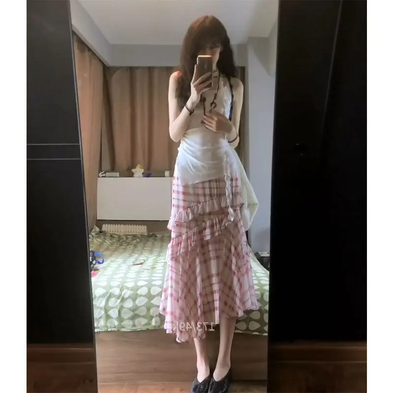 

French Vintage Ruffle Plaid Midi Skirt Women Summer High Waist Asymmetric Hem Cottagecore Aesthetic Boho Chic Skirt