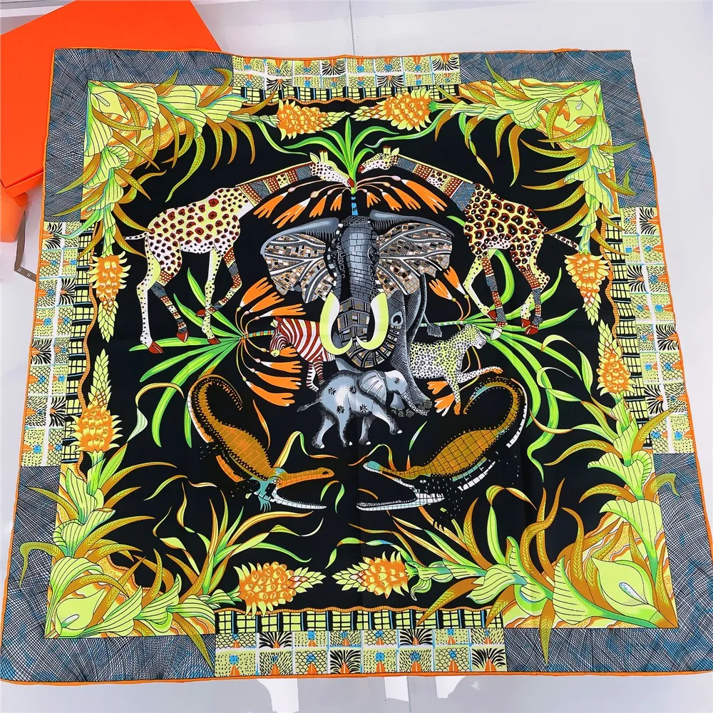 90CM Manual Hand Rolled Twill Silk Scarf Women Zambezi Print Square Scarves Echarpes Curled Foulards Femme Wraps Bandana Hijabs