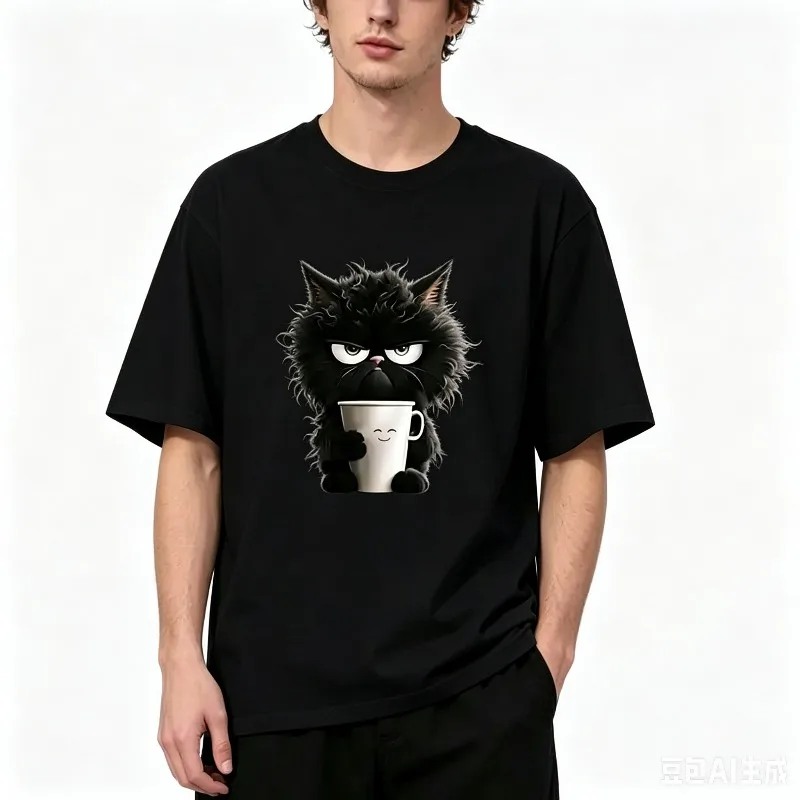 Men Regular Loose Cute Cat Coffee Cup Print T-Shirt Outdoor Camping Fishing SUP Skateboard RockShort Sleeve White Black Tops