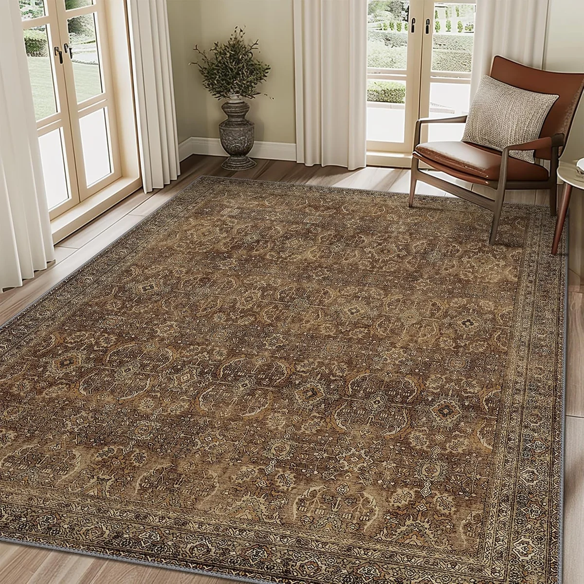 Extra Large 6x9 Rustic Brown Vintage Washable Rug Non Slip Boho Low Pile Faded Print Thin Indoor Carpet for Bedroom Dining Room