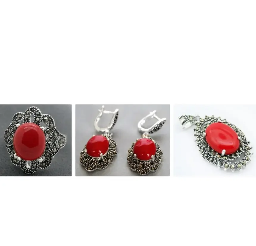 

Lady's Red Carved Lacquer Marcasite 925 Sterling Silver floeer Ring(#7-10) Earrings & Pandent jewelry sets