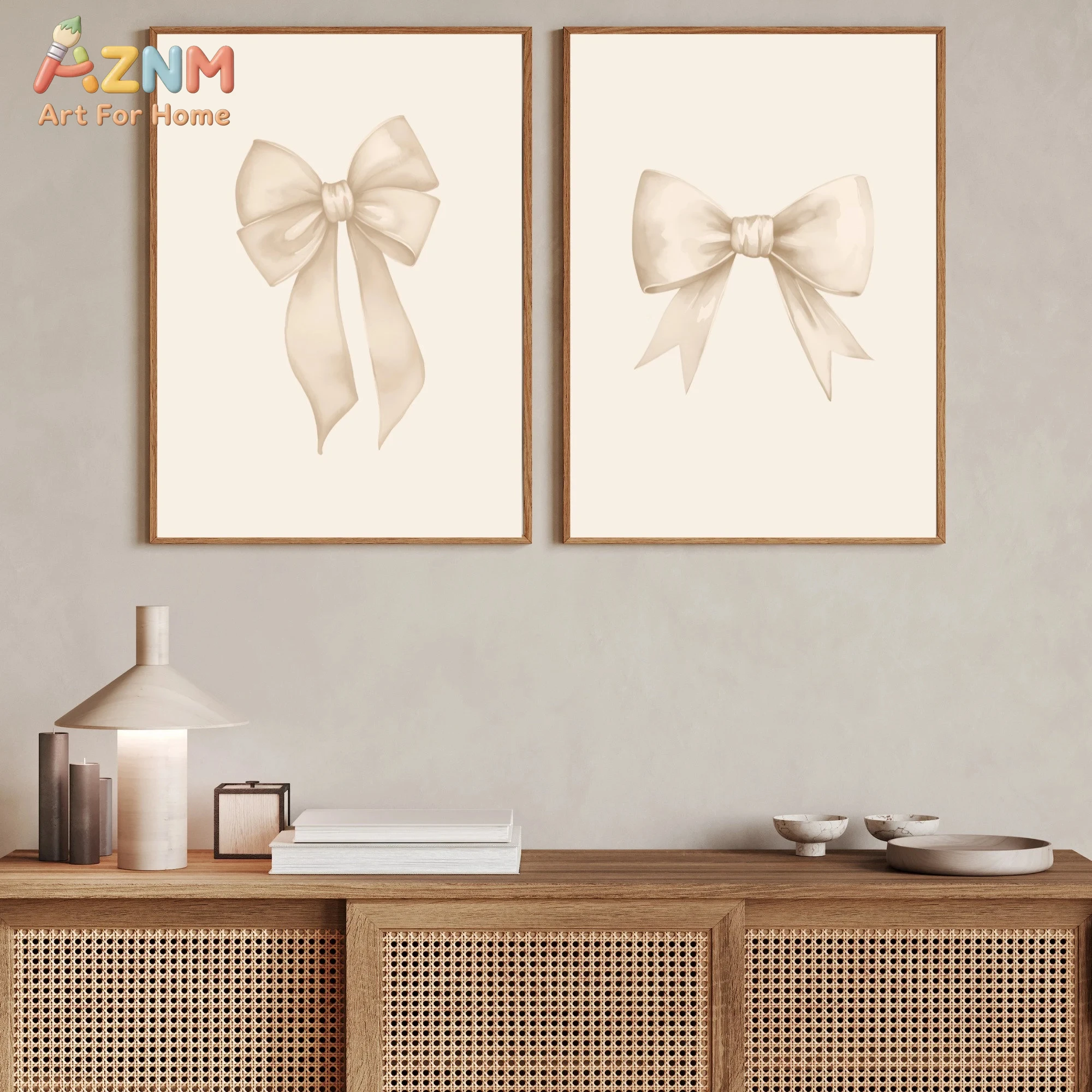 3PCS Beige Bow and Hearts Canvas Wall Art, Neutral Minimalist Print Posters, No Frame Home Decor Paintings for Nursery Girls Bed