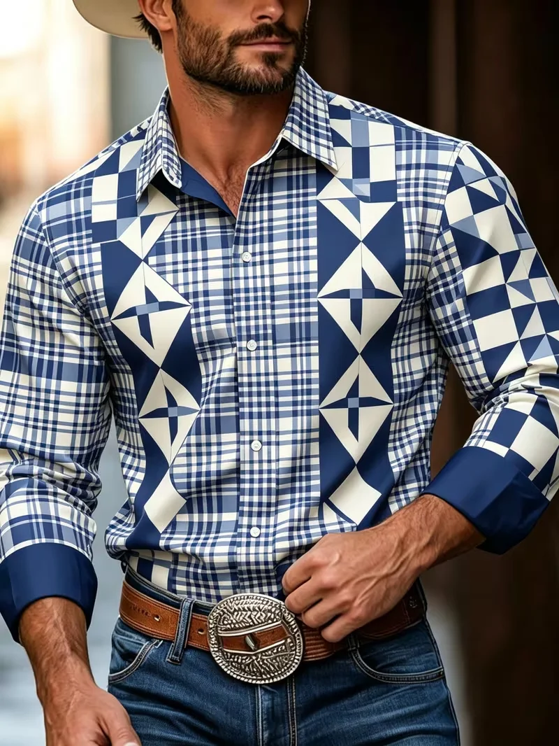 New men's blue and white checkered geometric floral print long sleeved shirt with western style lapel for men