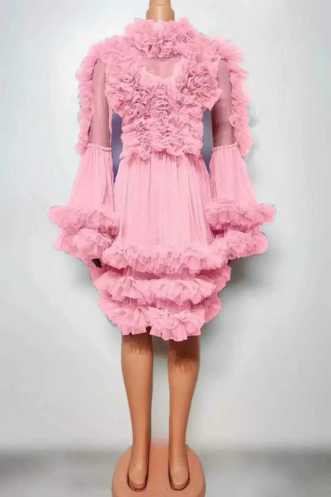 Mesh Dress For Women Dance Singer Stage Wear Cheerleading Las Vegas Long Sleeve Drag Queen Outfit Black Pink White Sheer Dressy