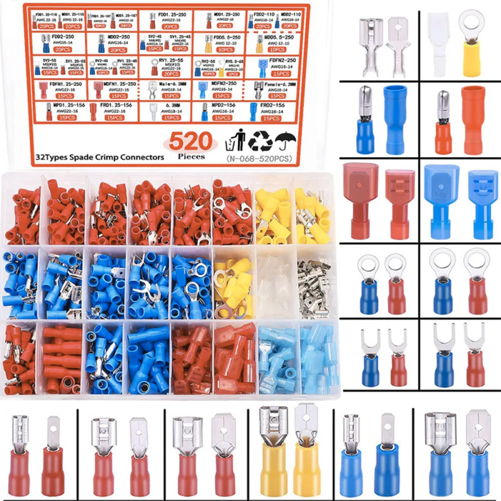 520PCS 32Types 2.8mm/4.8mm/6.3mm Male Female Connector kit Spade Fork Ring Insulated Wire Crimp Terminal Bullet Wire connector