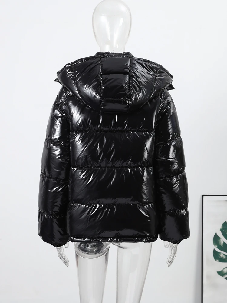 Kurze Glänzende Kapuzenjacke für Damen, Street-Style Stehkragen, Laternenärmel, Lose Passform, Modische Damenjacken, Neue Oberbekleidung – Detail 9
