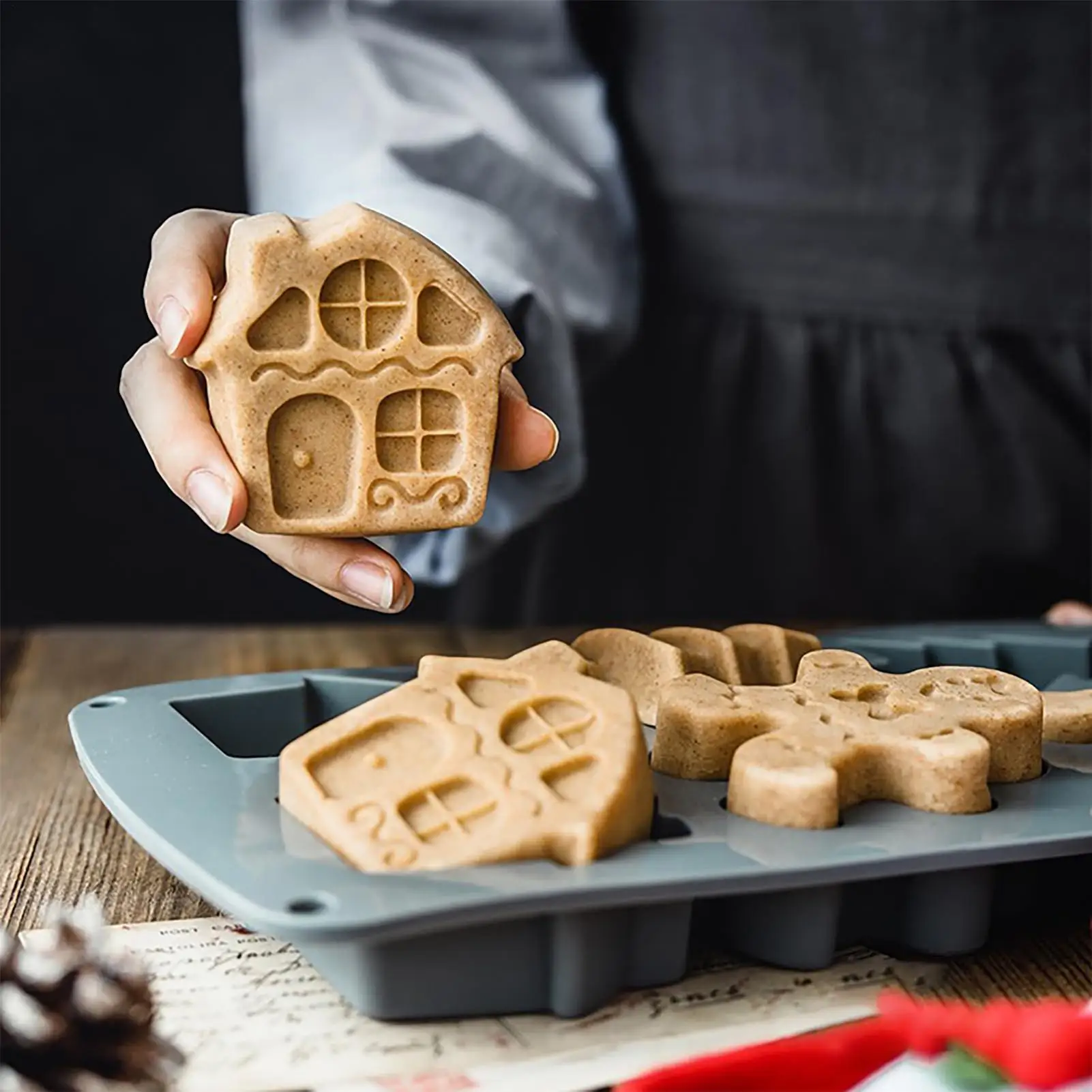 Christmas Silicone Molds Crafts Gingerbread Man Candy House Pine Tree Moulds 6-Cavity Silicone 3D Shape Craft Non Stick Mold For