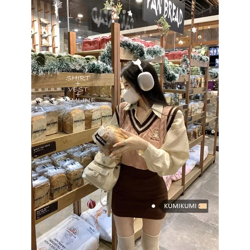 2024 outono doce rosa com decote em v camisola colete branco camisa de manga comprida saia marrom jk terno feminino y2k estética uniforme escolar