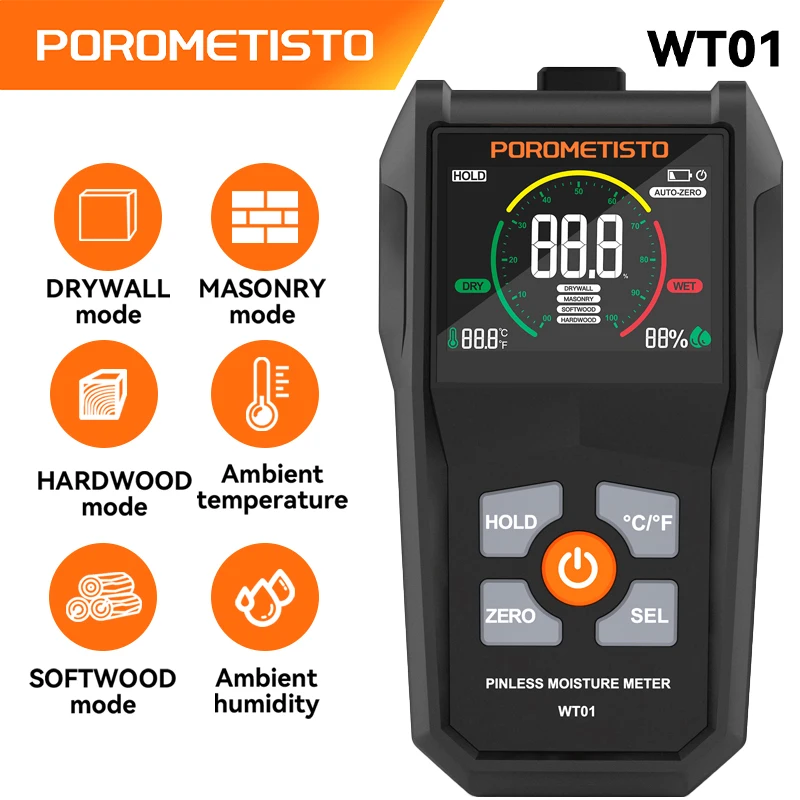 

WT01 Бесконтактный цифровой измеритель влажности древесины Бесконтактный индуктивный детектор влажности древесины Бетон Цемент Кирпич Портативный измеритель влажности