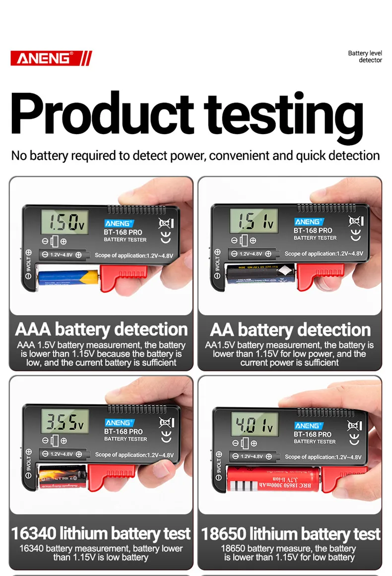 ANENG BT-168/BT-168 Pro Batterietester Benötigt Keine Stromversorgung AA/AAA/D/C/9V Knopfzellen 18650 Universelles Leistungsmessgerät – Detail 16