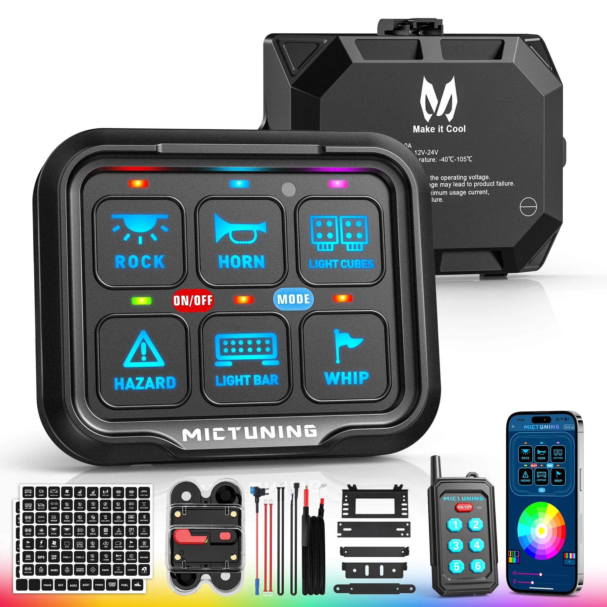 

Панель переключателей MICTUNING P8Y RGB 6/8 Gang — беспроводное приложение и пульт дистанционного управления 230 футов, релейная система водонепроницаемой цепной коробки IP67
