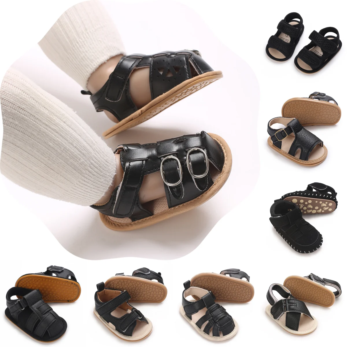

Black Hollow out soft leather Baby Rubbersummer sandals 2025 new baby shoes 0-18 months baby Boys and Girls beach sandals