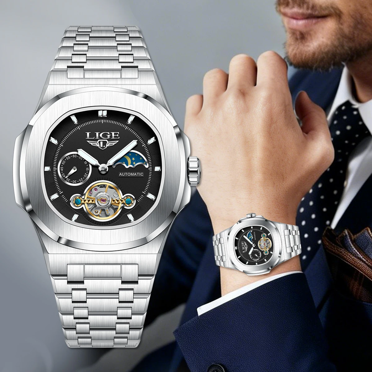 LIGE Dual Seconds Tourbillon Watch 24 Hour Mechanical Watch Men Stainless Steel Authentic Watch Night Glow Waterproof Mens Watch