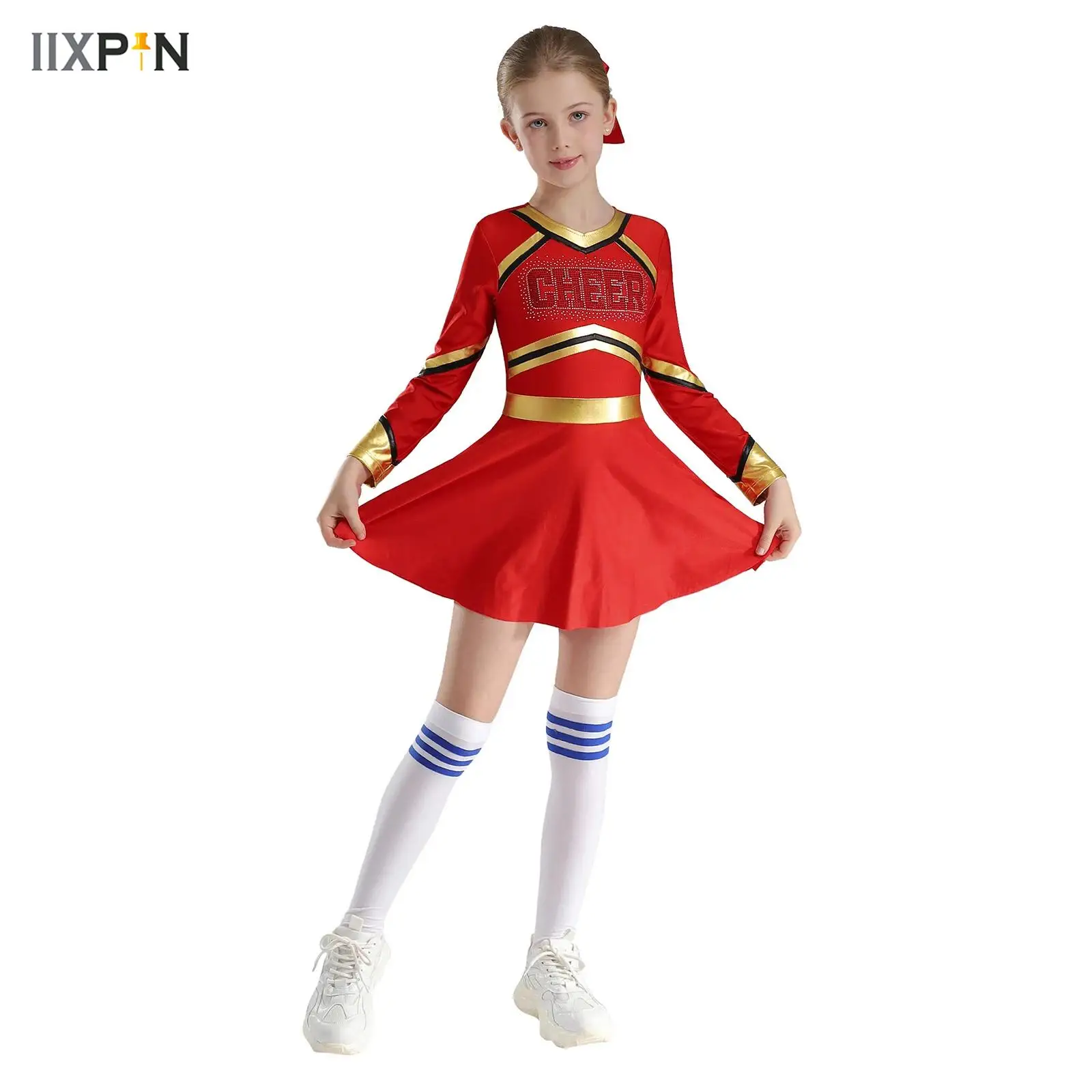 

Kids Girls Cheerleading Uniform Dancewear Shiny Rhinestones Long Sleeve Contrast Color Dress+Hair Band+Flower Balls+Socks 4Pcs