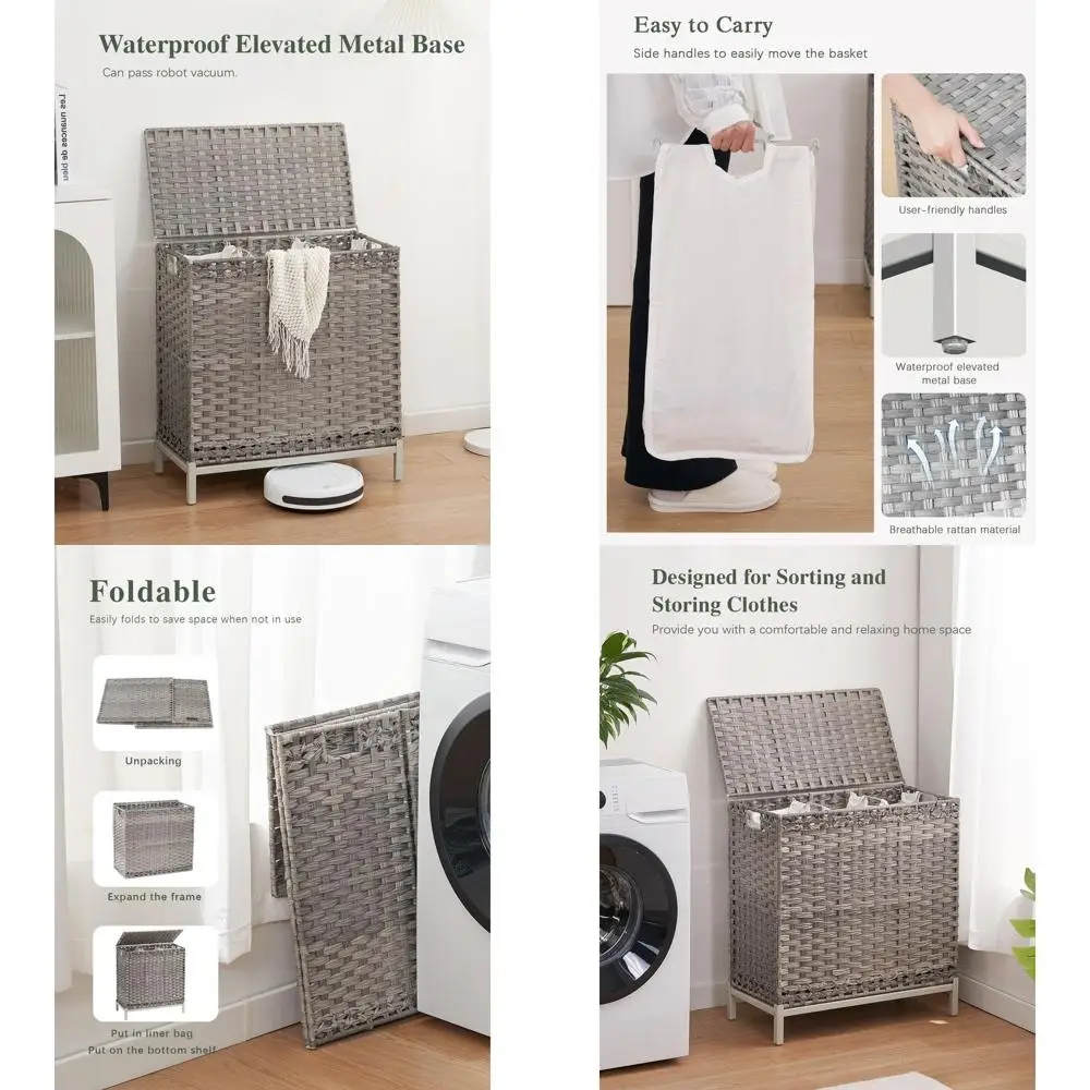 

Handwoven Rattan Hamper with Lid, 132L/35G Capacity, 3 Removable Liner Bags, Metal Feet, Gray