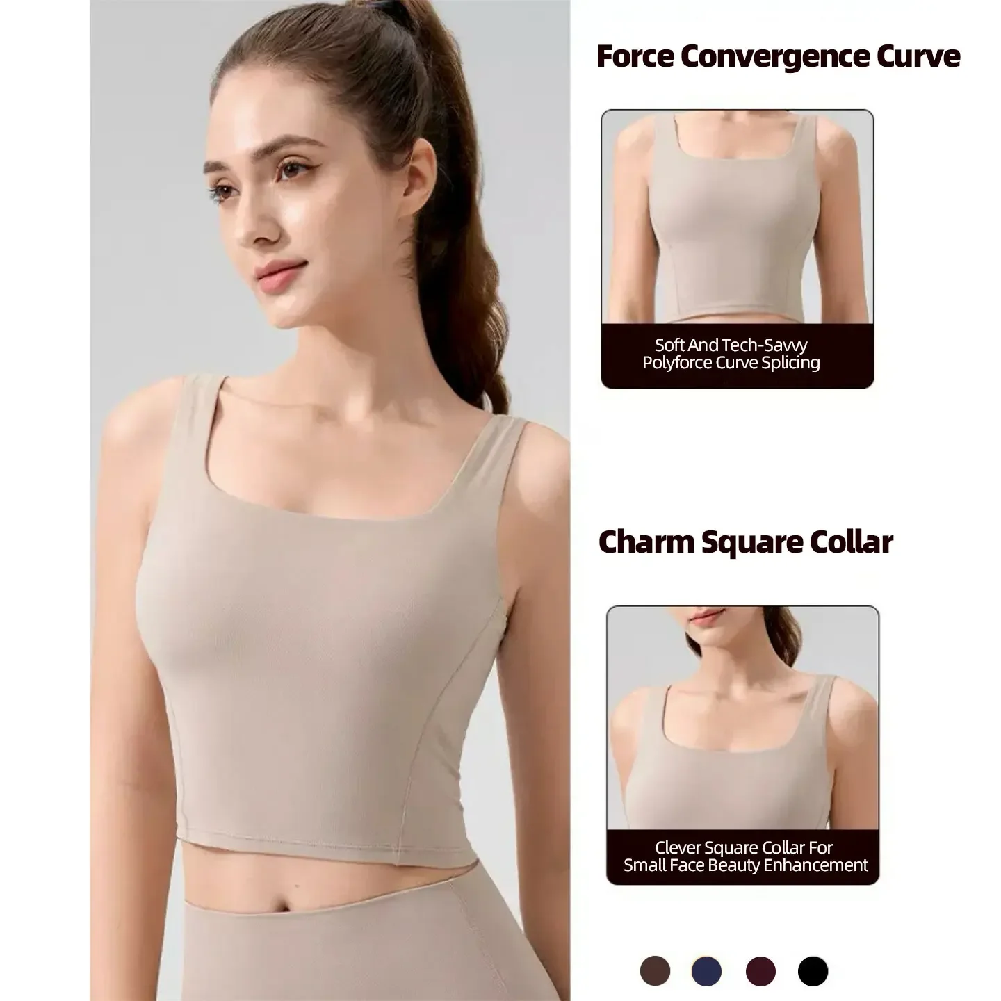 Women's Sports Yoga Vest Square Collar One-Piece Fixed Chest Pad Breathable Comfort Leisure Outdoor Pilates Exercise Sports Vest