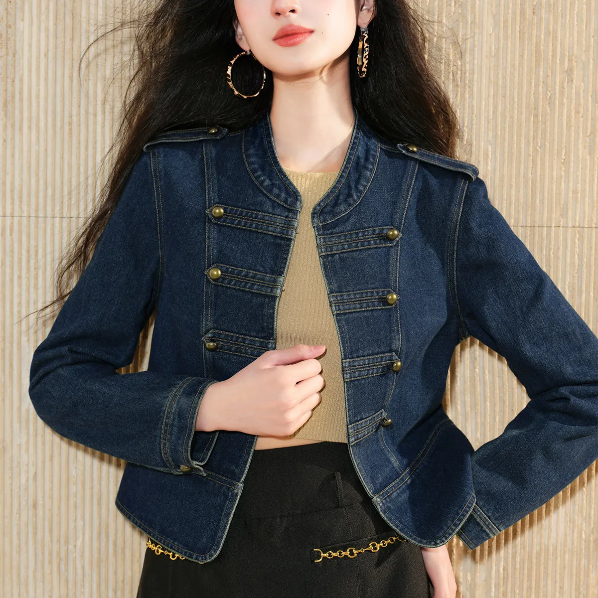 LOUIS YAO Women's Jackets Stand Up Collar Slim Fit Denim Jacket 2025 Autumn Fashionable Design Decorative Button Women's Top