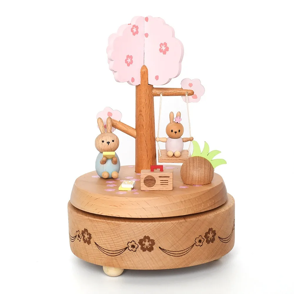 

Wooden Music Box Printed Swing Rabbit Eight Music Box Pink Girl Heart Birthday Gift Wooden Craft Home Decor Valentine's Day Gift