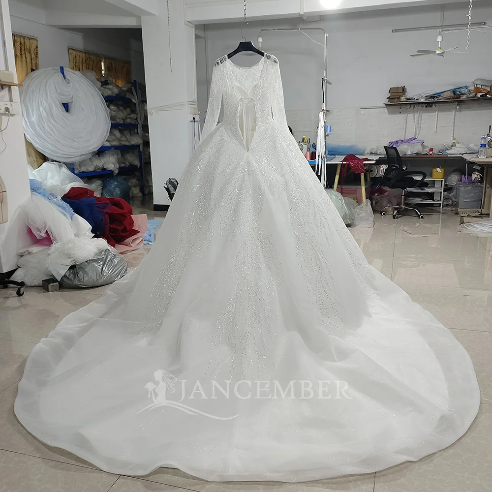 Neuheiten Oansatz Open Back Langarm Glänzende Prinzessin Ballkleid Brautkleider Mit Gericht Zug vestidos de novia boda