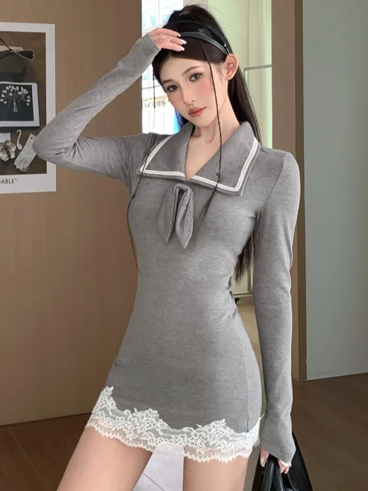 

Spicy Girl Collar Knot Lace Panel Bodycon Dress Women Summer New Long Sleeve Knitted Dress Slim Fit High Waist