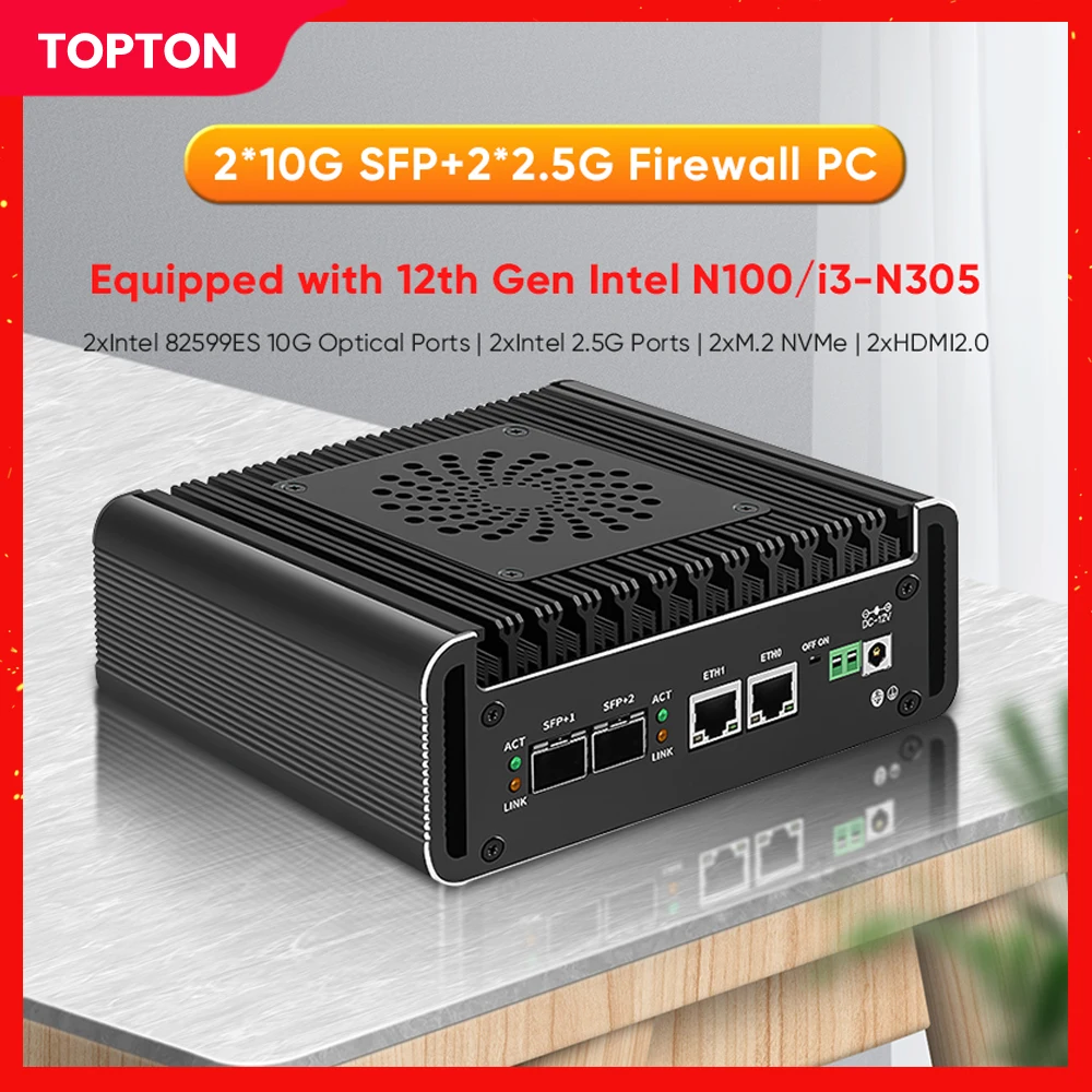 Topton Solid Firewall Router 2x10G SFP+ Intel i3 N305 N100 2xi226-V 2.5G Mini PC 2xNVMe 2xHD DDR5 pfSense Proxmox ESXi AES-NI