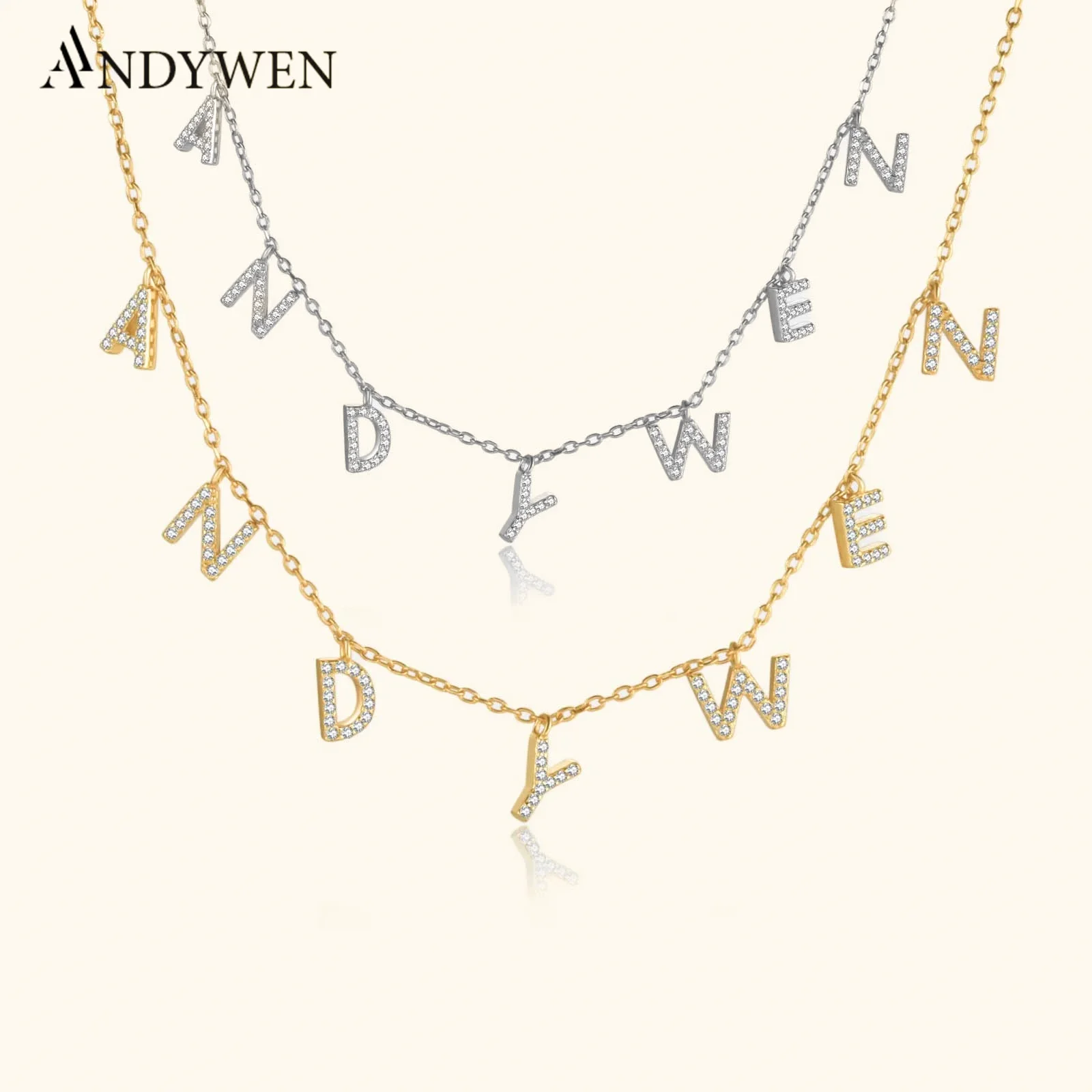 ANDYWEN 925 Sterling Silver Gold Spersonalizowany naszyjnik z imieniem Alpahbet Prezent urodzinowy Valentiens Europejska biżuteria początkowa