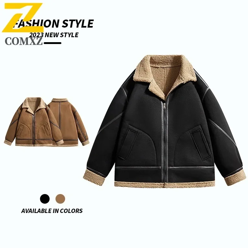 Harajuku Deerskin Fleece Jacket Men's Motorcyclist Thickened Warm Wool Plush Coat 2025 New Winter Korean Trendy Cold-proof Parka