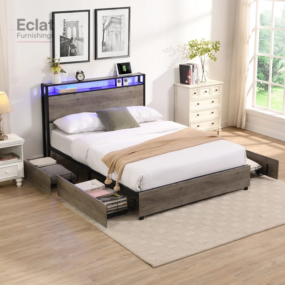 

Full Bed Frame, Storage Headboard with Charging Station, Solid and Stable, Noise Free, No Box Spring Needed, Easy Assembly beds