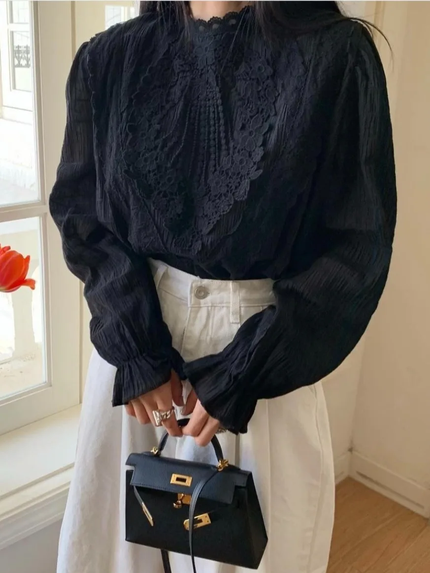 Chic début automne Vintage Court Sle dentelle garniture ample longue Sve femmes irt col montant cloche Sve trajet Faion