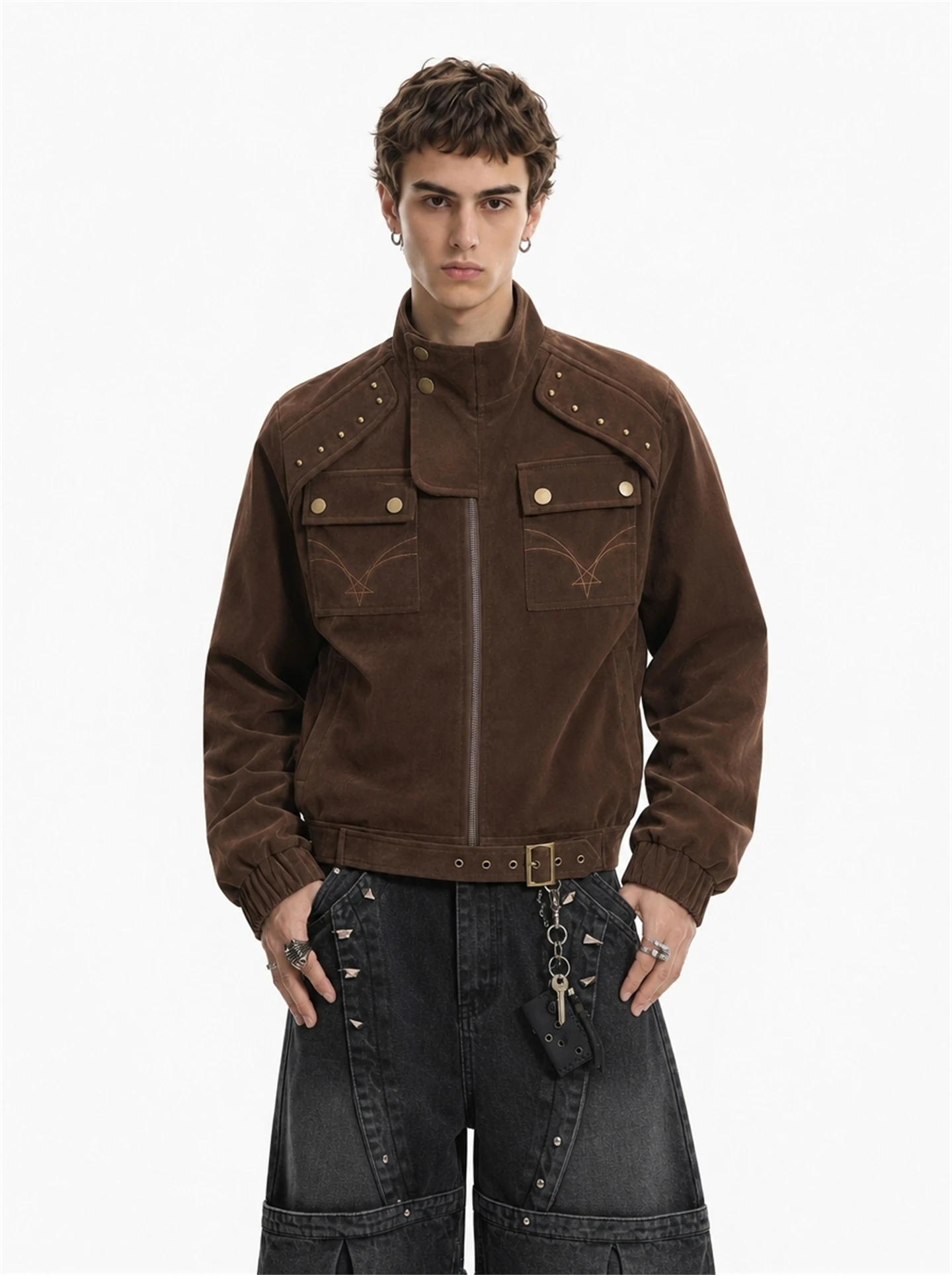 Retro American Style Men's Jacket with Rivet Decoration Loose Cool Autumn New Arrival Fashion Outerwear for Youth