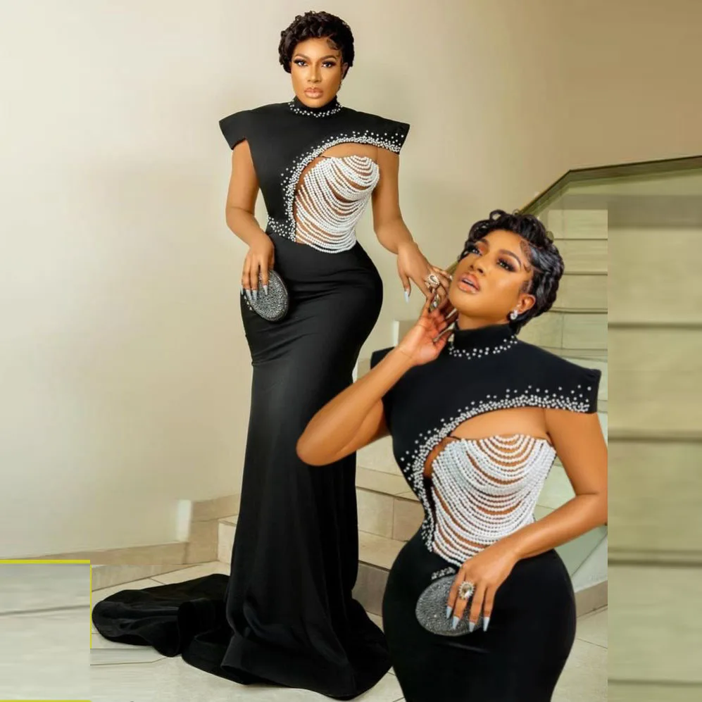 اللؤلؤ الديكور كاب كم الفتيات السود فساتين لحضور الحفلات الموسيقية أنيقة سوداء حورية البحر فساتين السهرة قطار الاجتياح المرأة الأفريقية فستان الحفلات