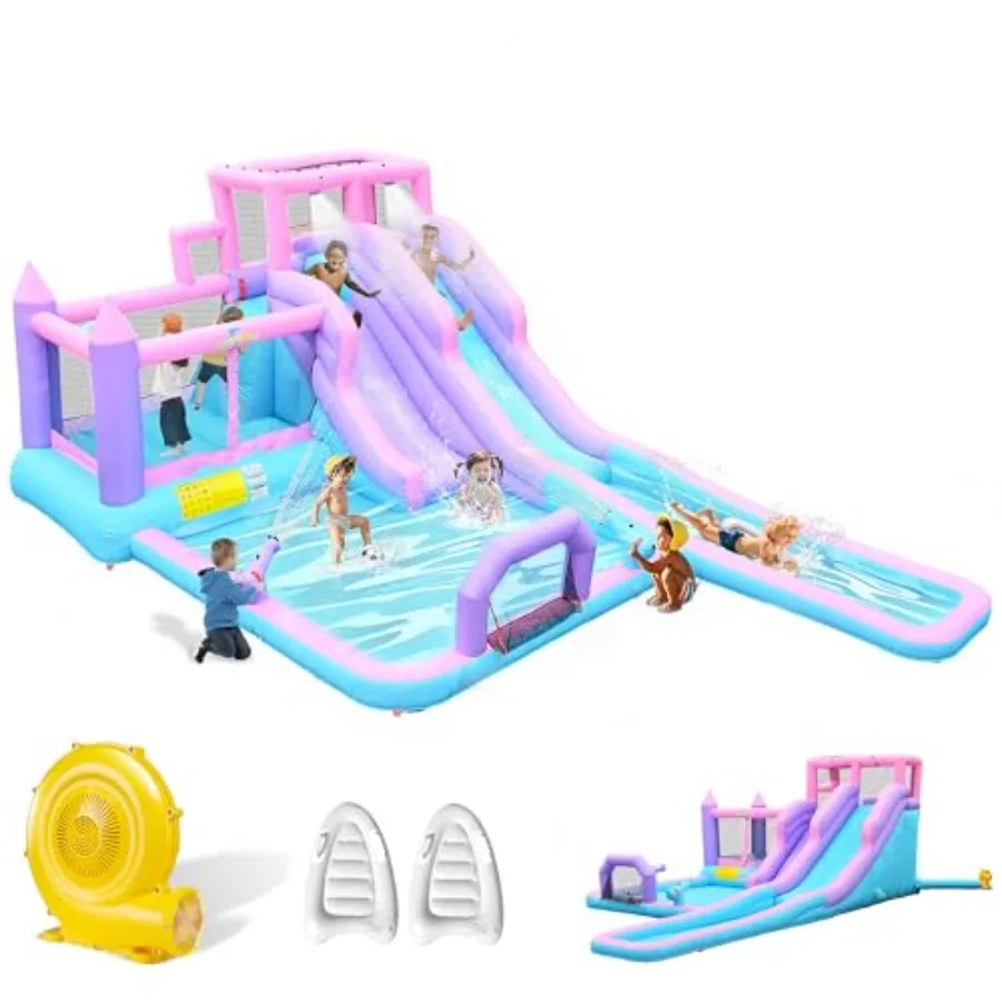 

8 in1 Inflatable Water Slide with 17.9ft Long Slide for Ages 3-10 Includes 2 Inflatable Bodyboards 650W Blower Backyard Bounce