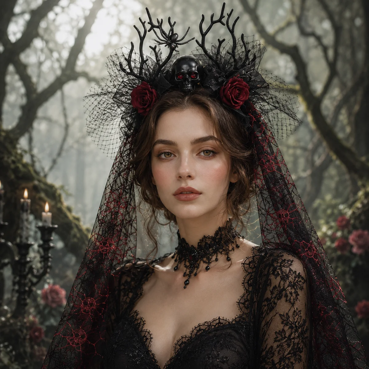 Damen Gothic Geweih-Schädel-Schleier-Stirnband, Schwarzes Spitzen-Rosen-Blumen-Kopfband für Halloween, Vampir-Cosplay, Dunkle Party-Kostüm-Accessoire – Detail 2