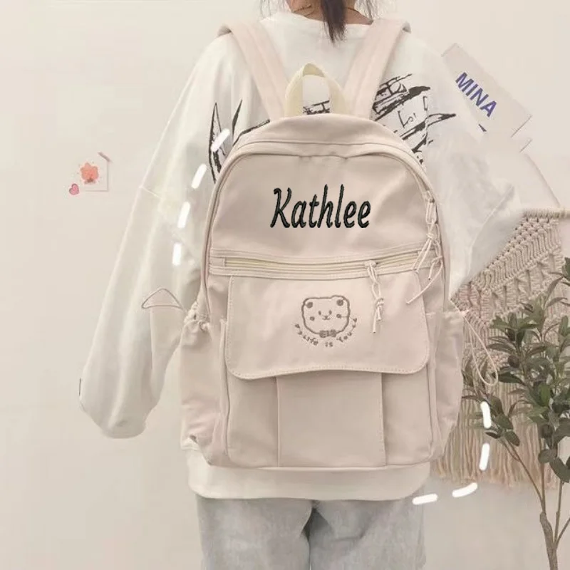 

New Girl Bear Backpack Personalized Name Freshman School Bag Customized Embroidered Name University Travel Backpack