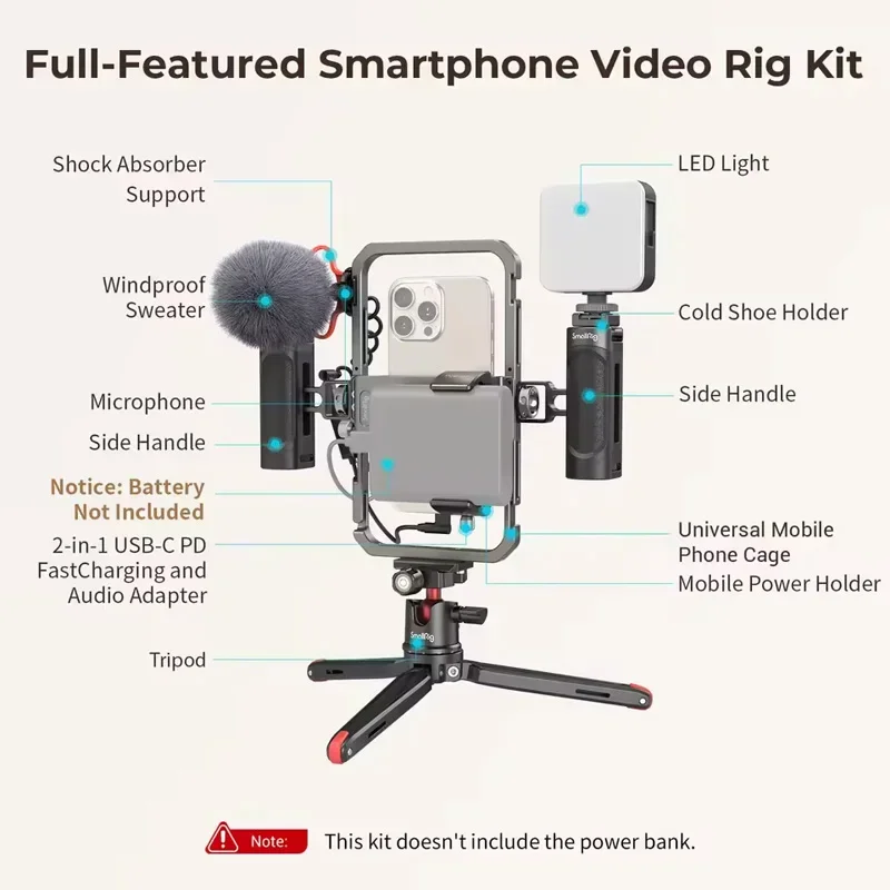 SmallRig Universal Phone Video Rig Kit for iPhone,Smartphone with Tripod Mic LED Light Side Handle Power Bank Holderm -3384C