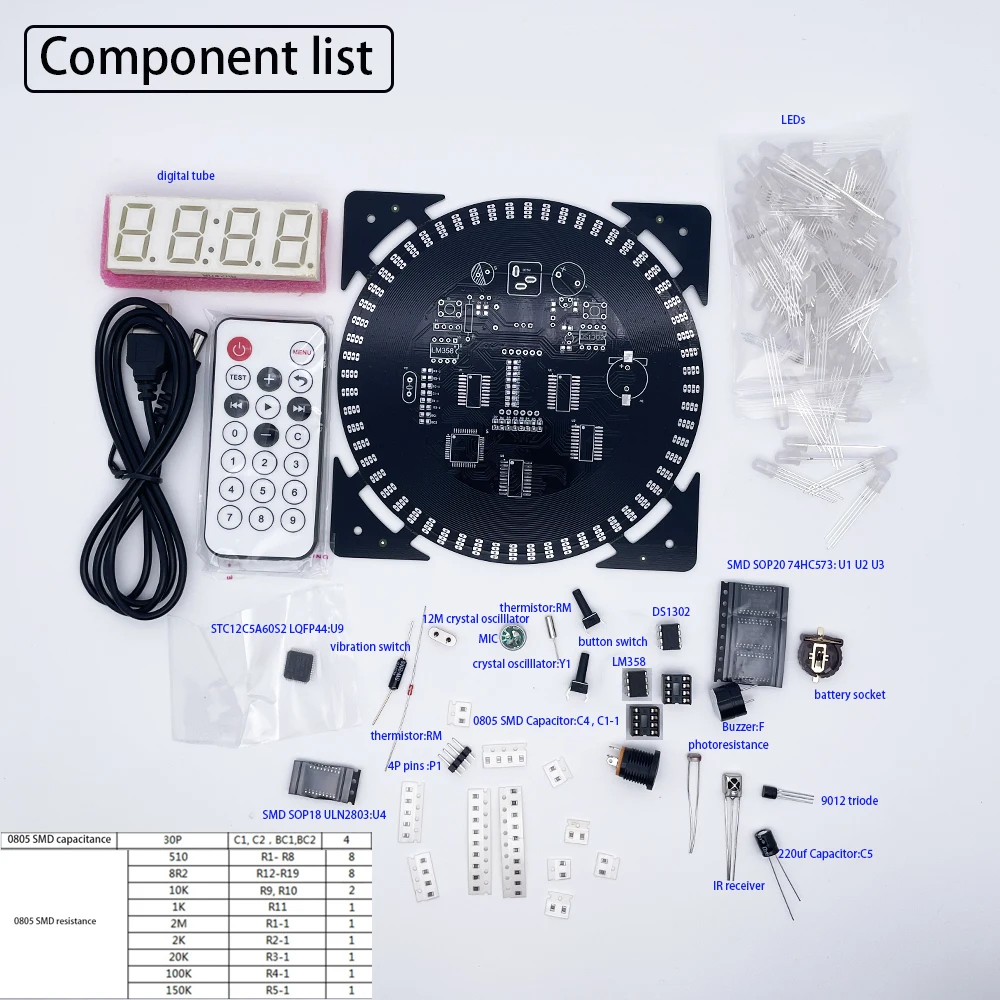 diy electronic clock kit RGB colorful LED green digital tube temperature remote control music spectrum 12/24H with shell