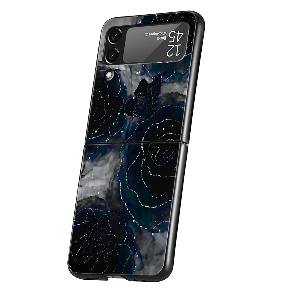 Hard PC Phone Case For Samsung Galaxy Z Flip 8 7 6 5 4 Black Cover For Galaxy Z Flip 3 Foldable Capas Black Rose Pattern Present