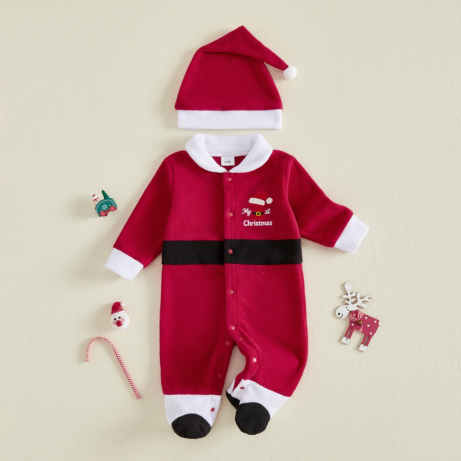 Baby Boy Santa Claus Costume Embroidery Christmas Footies Romper and Hat