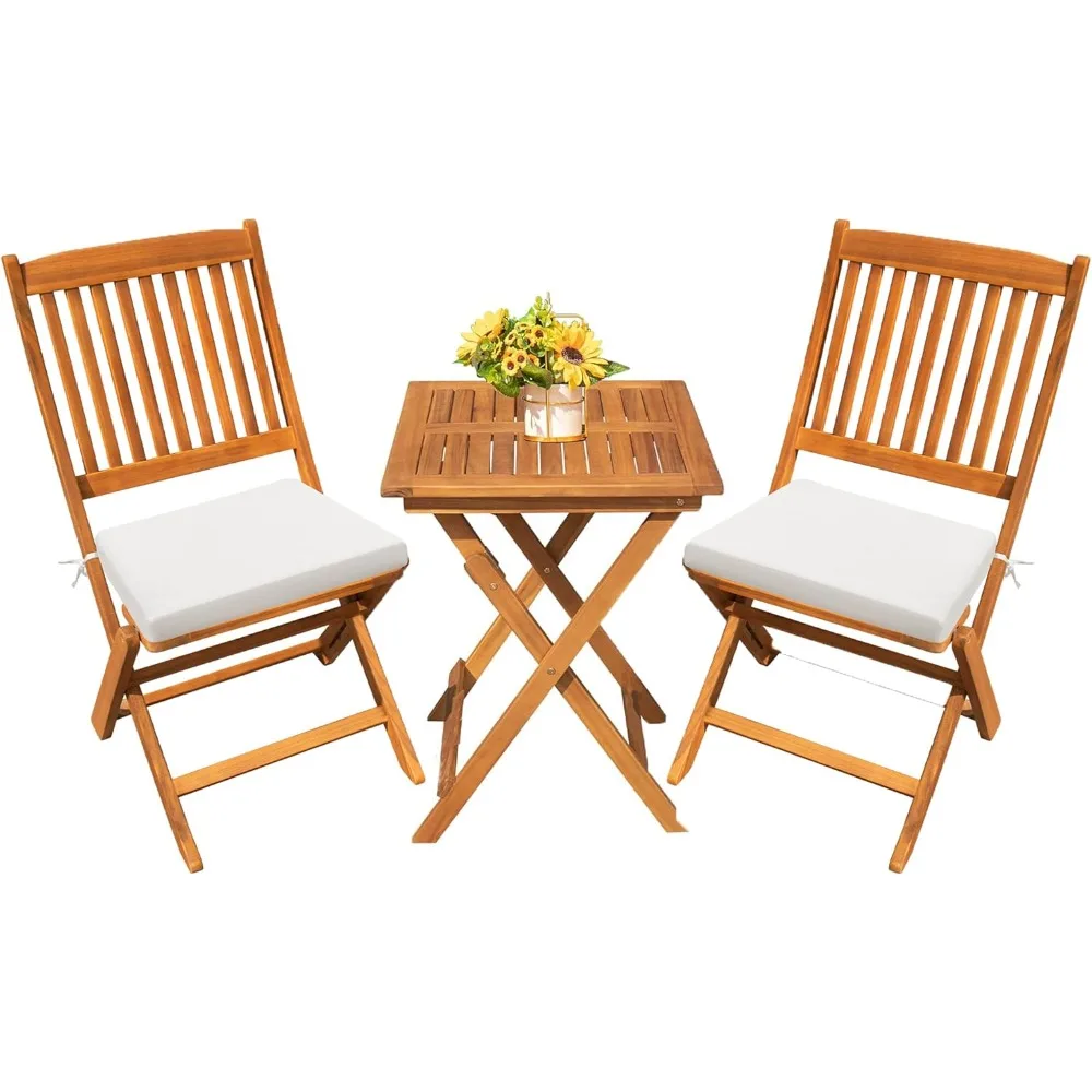 

US Shipping 3 Piece Folding Patio Bistro Set Acacia Wood Table and 2 Chairs for Garden Backyard Poolside Balcony