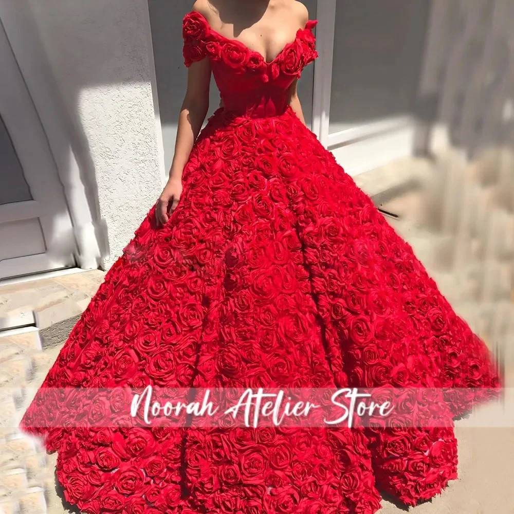 Abiti da sera arabi sexy con fiori rossi rosa con spalle scoperte Abiti da sposa linea A Dubai Abiti formali senza spalline 2025 personalizzati