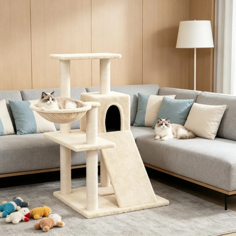 Griffoir en forme de crème de 82 cm avec colonnes à griffer en sisal durables, compact, peu encombrant, robuste, mobilier pour chat d'intérieur, redirige les habitudes de griffonnage du chat, adapté au salon, à la chambre, au balcon, aux petits appartements, aux studios, espace d'activités quotidiennes pour chats domestiques.