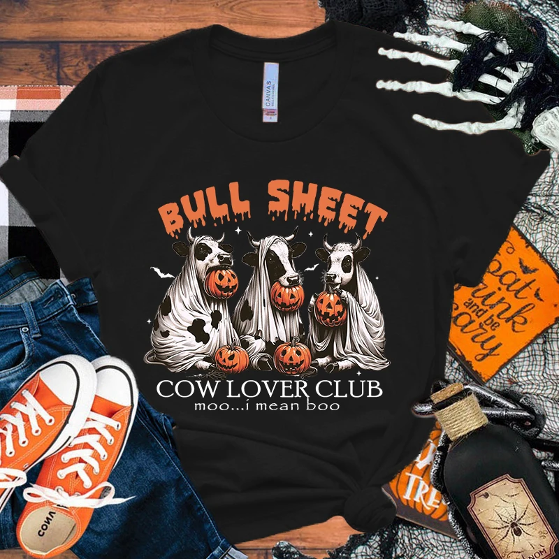 

New Halloween Bull Sheet Cow Lover Club Print T Shirts Women Men Casual Round Neck Tees Top Summer Cool Loose Short Sleeve